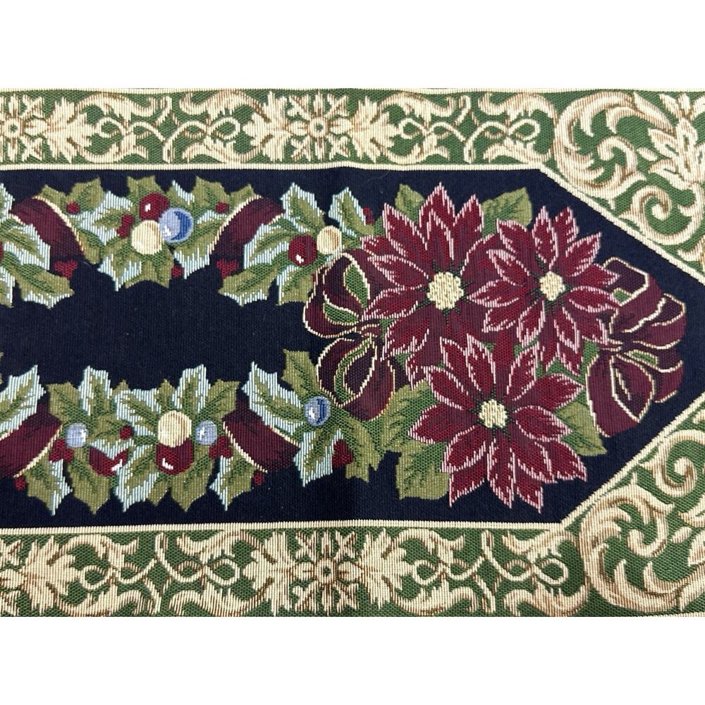 Christmas Tapestry Table Runner 100” Poinsettia Holly Ornament Holiday 13.5” W - Picture 5 of 5